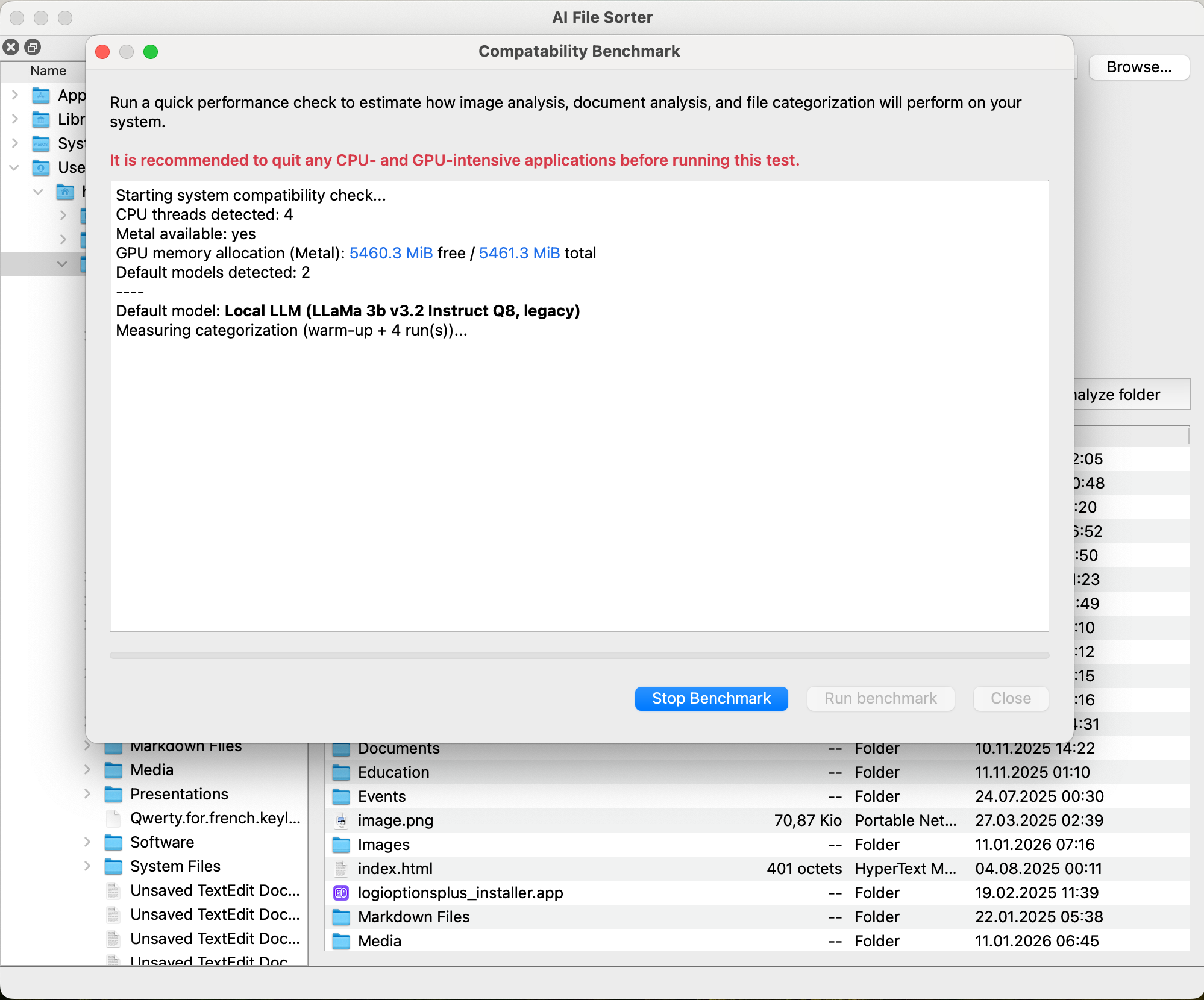 AI File Sorter compatibility benchmark on macOS
