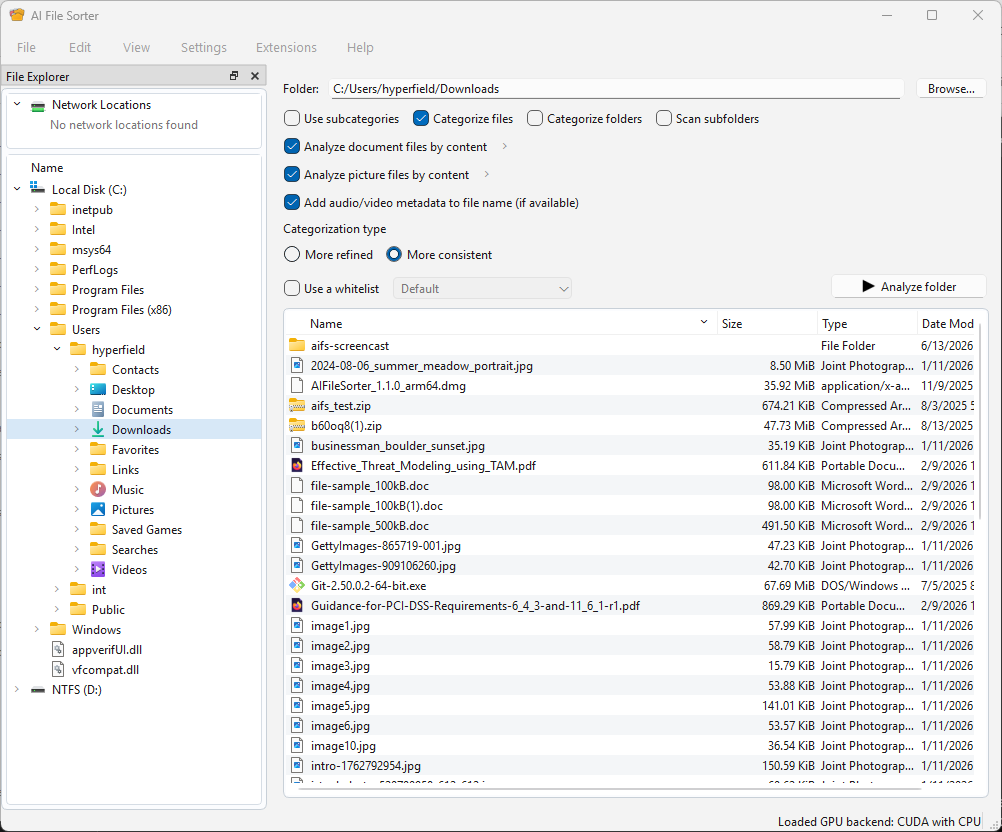 AI File Sorter main window on Windows
