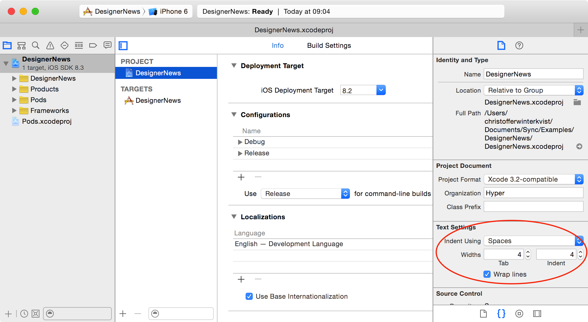 Xcode indent settings