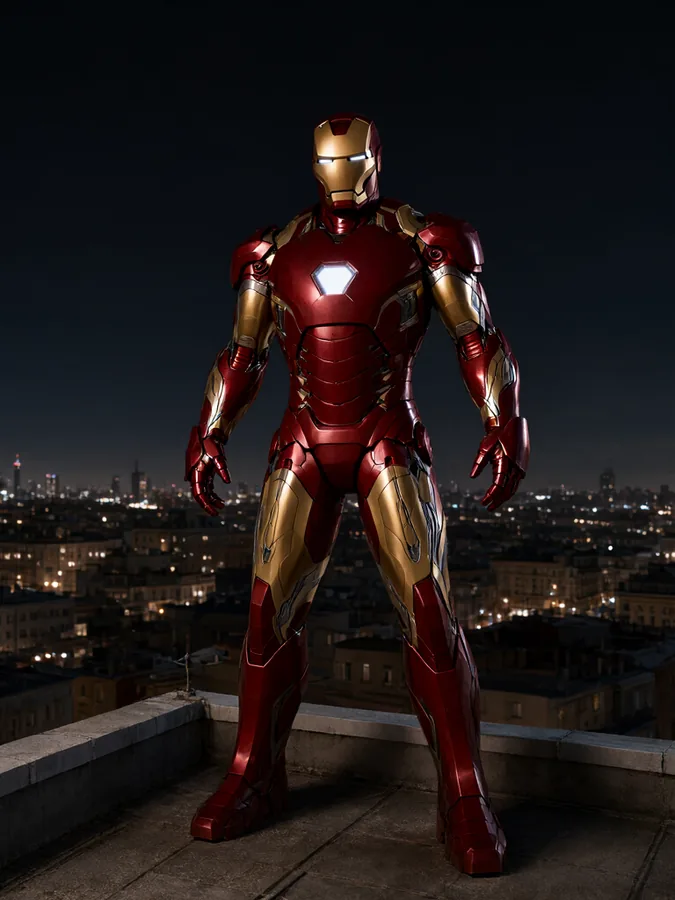 Iron Man standing on a rooftop at night