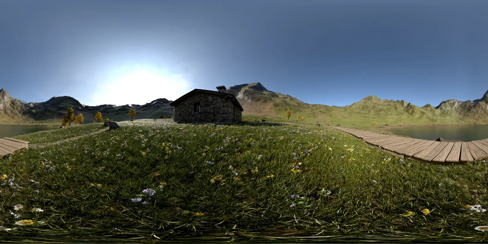 An equirectangular 360 panorama of a mountain meadow