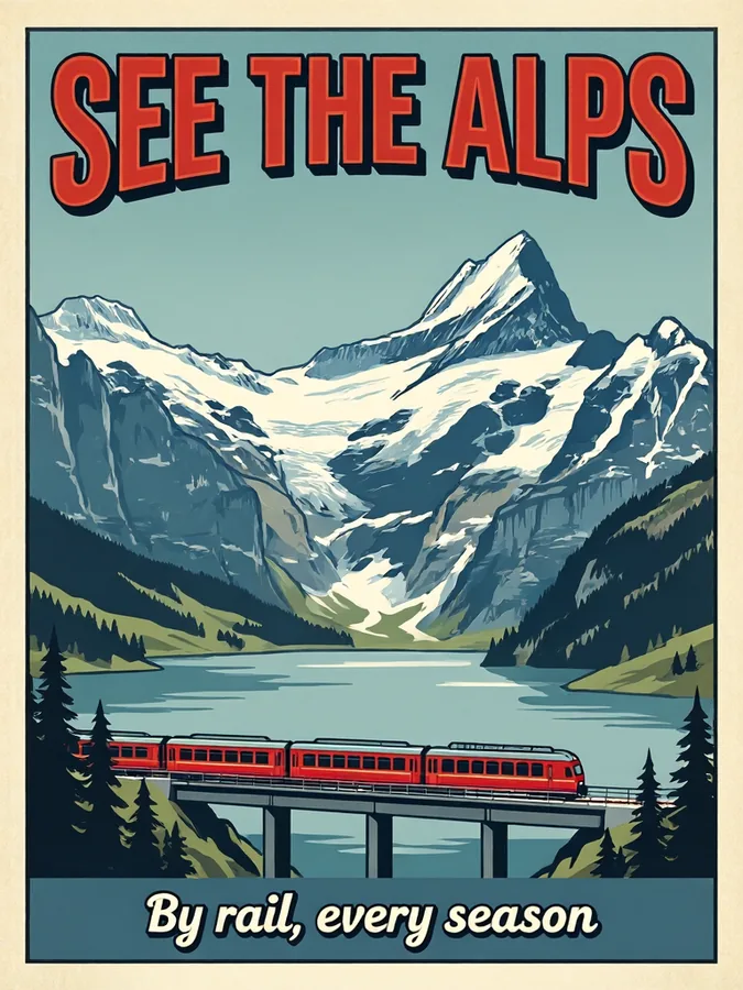 A vintage travel poster that reads SEE THE ALPS