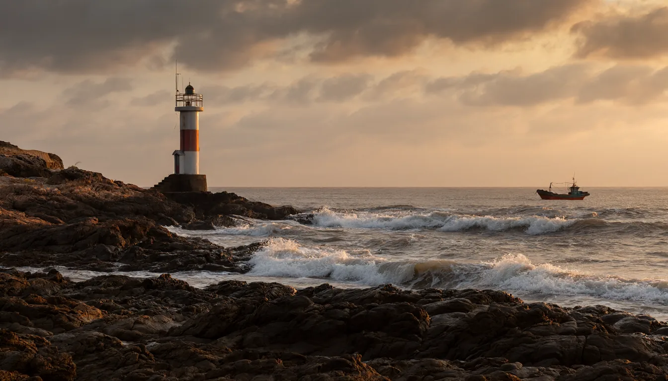A lighthouse on a rocky coast at sunset