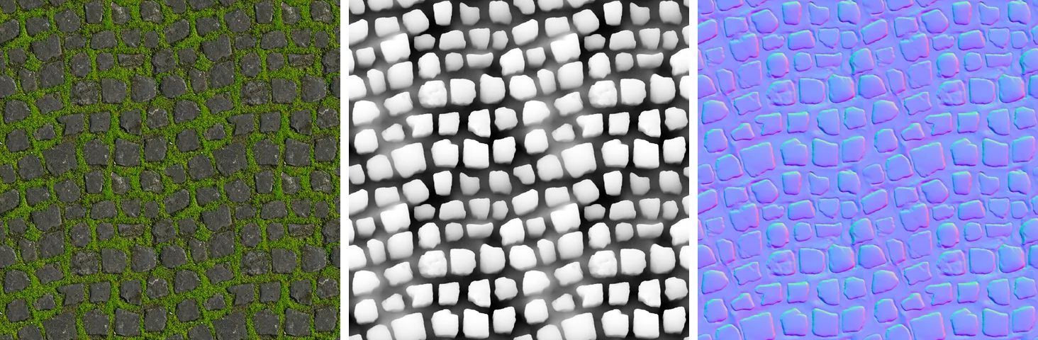 A stone tile, its height map and its normal map, each repeated two by two