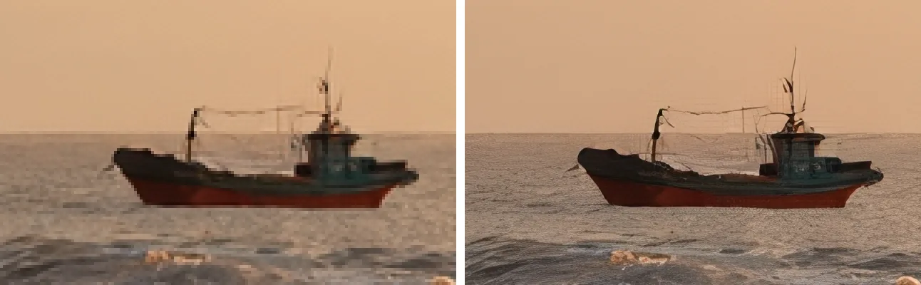 A detail enlarged four times: plain resize on the left, AI upscaler on the right