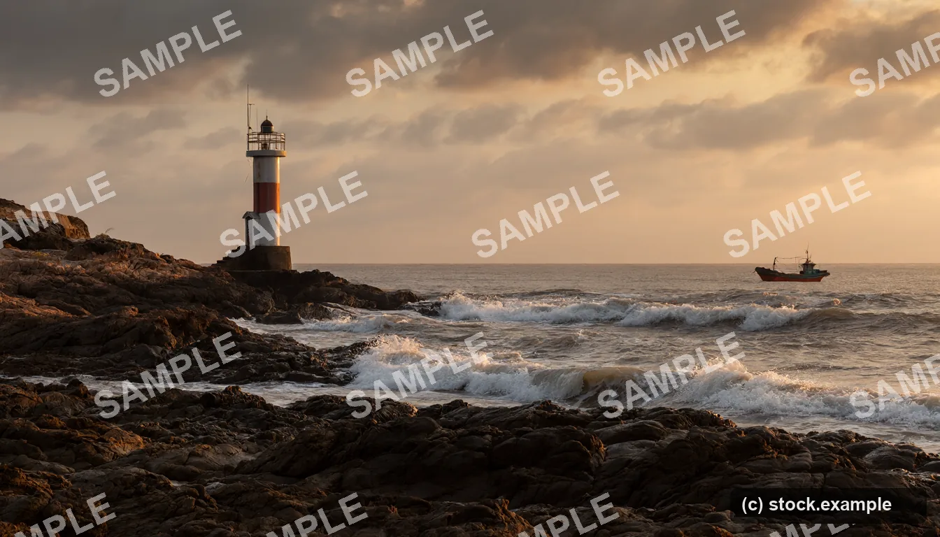 The lighthouse photo covered with a tiled SAMPLE watermark and a corner badge