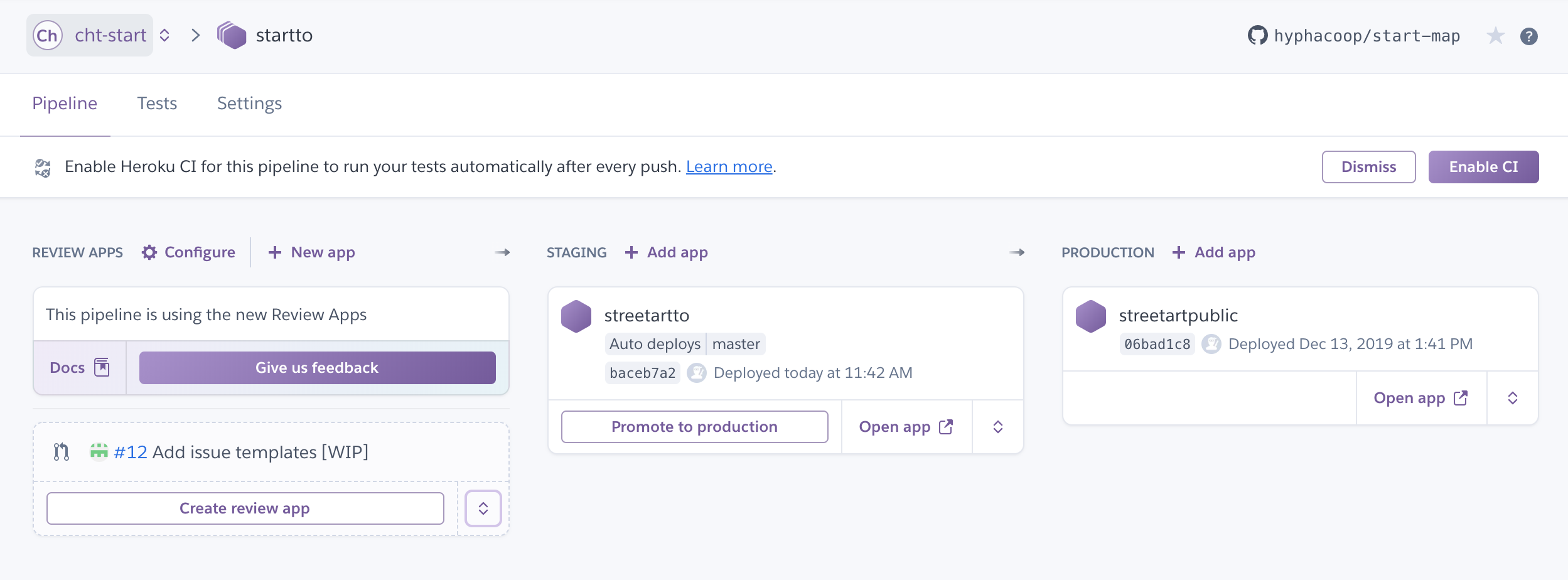 Screenshot of Heroku pipeline