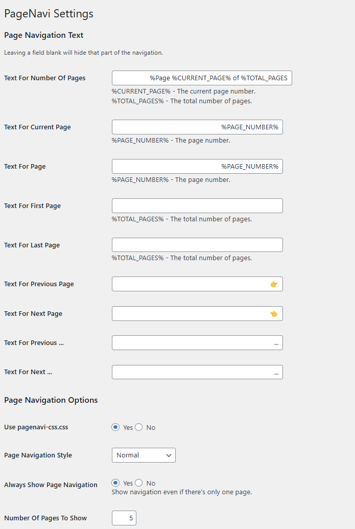 Impostazioni PageNavi in WordPress