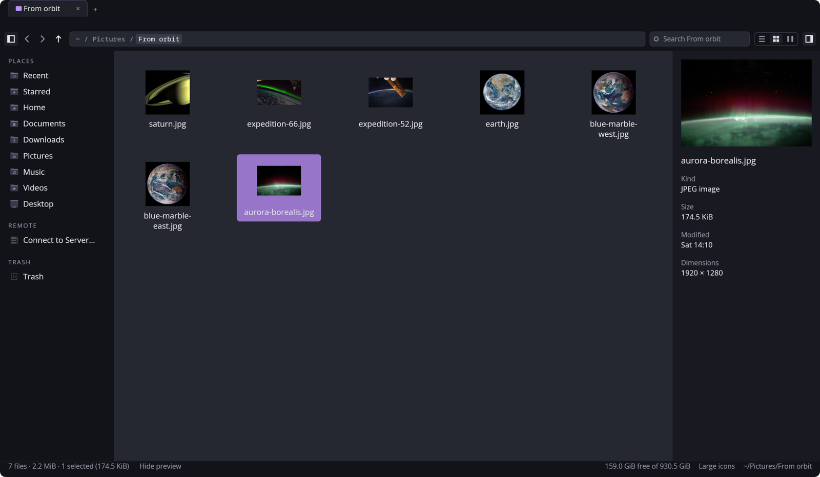 Files in the grid view: photo thumbnails, and the preview pane showing the selected picture
