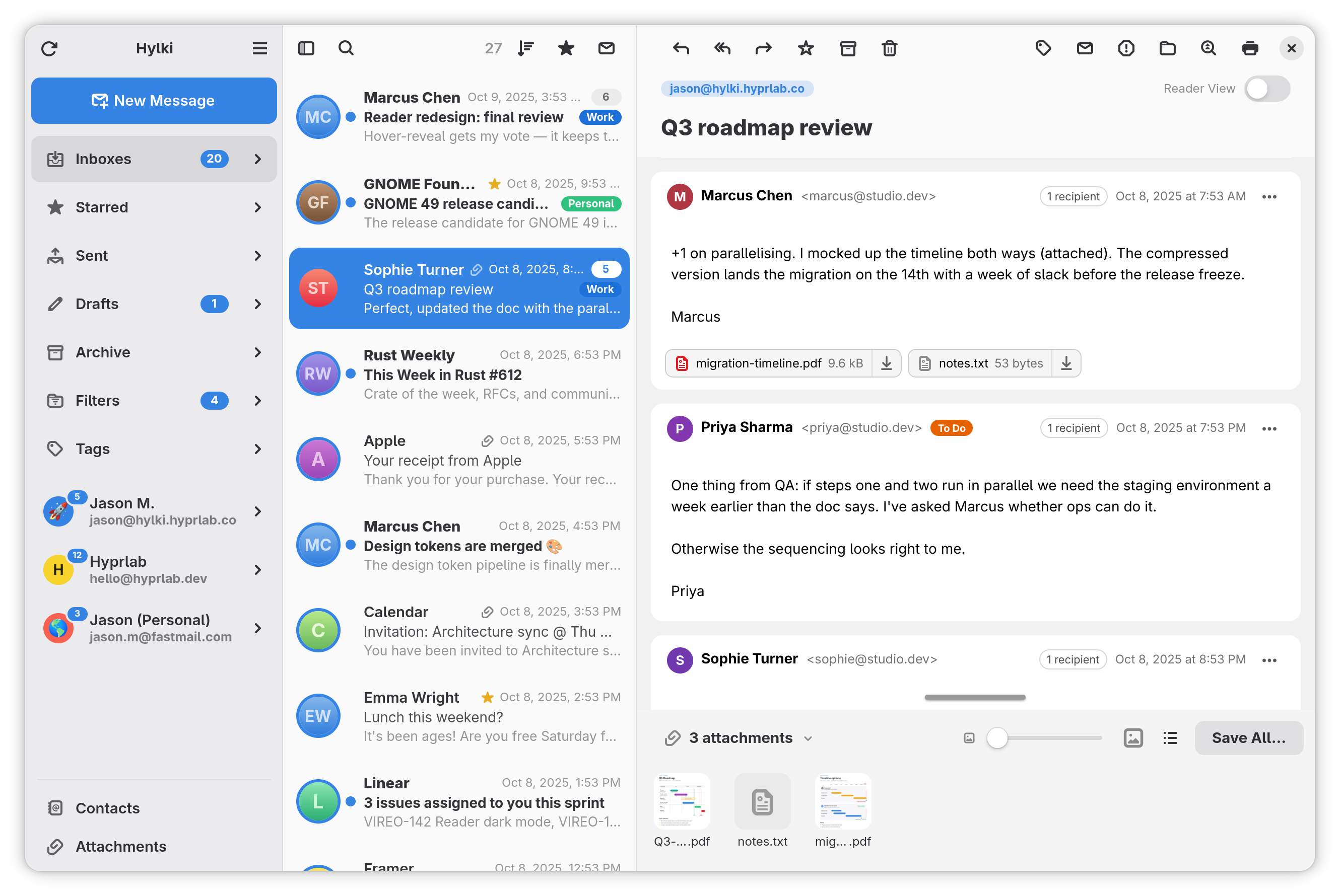 Hylki showing a unified inbox