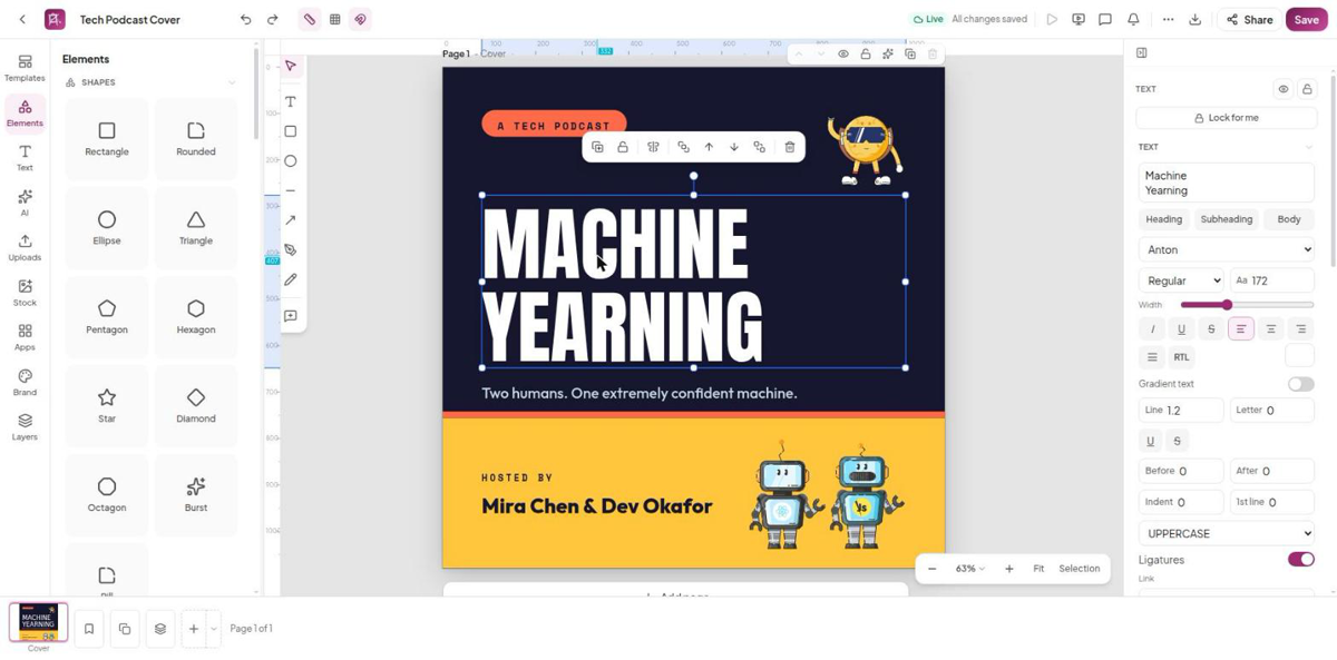 The editor with a podcast cover open and the text properties beside it
