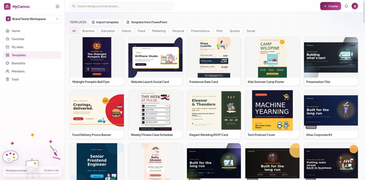 The template gallery with flyers, social cards, posters and decks