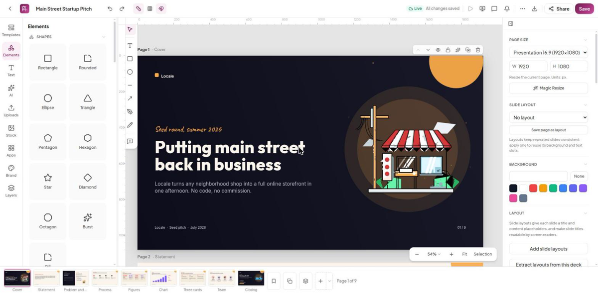 A nine-slide pitch deck open in the editor with the slide strip below
