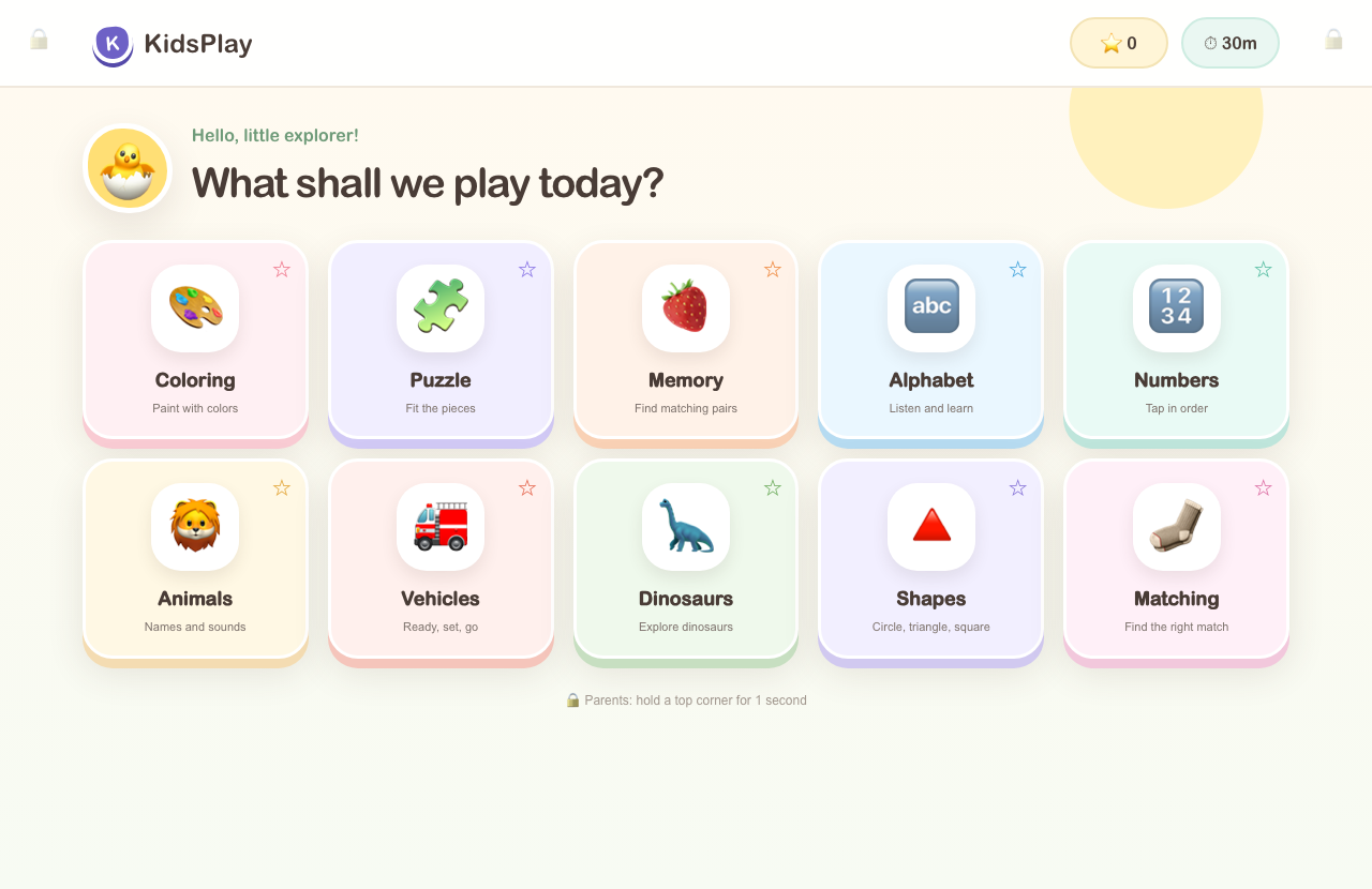 KidsPlay activity hub screen — ten activity cards