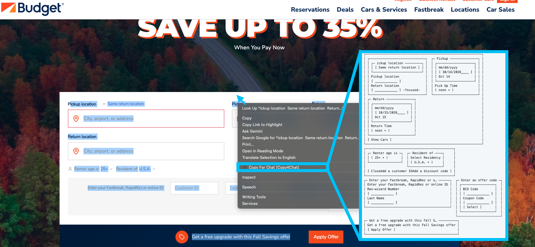 Budget car rental booking form, with the Copy4Chat output overlaid and a callout to the context-menu item