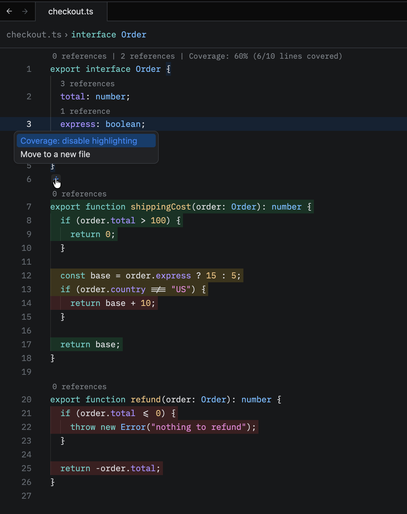 Coverage highlighting in Zed: covered lines green, partial lines yellow, uncovered lines red, with a coverage code lens and toggle action