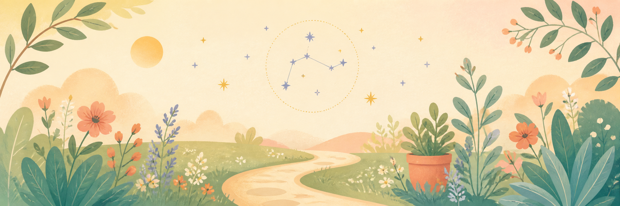 A warm illustrated garden path beneath a gentle constellation
