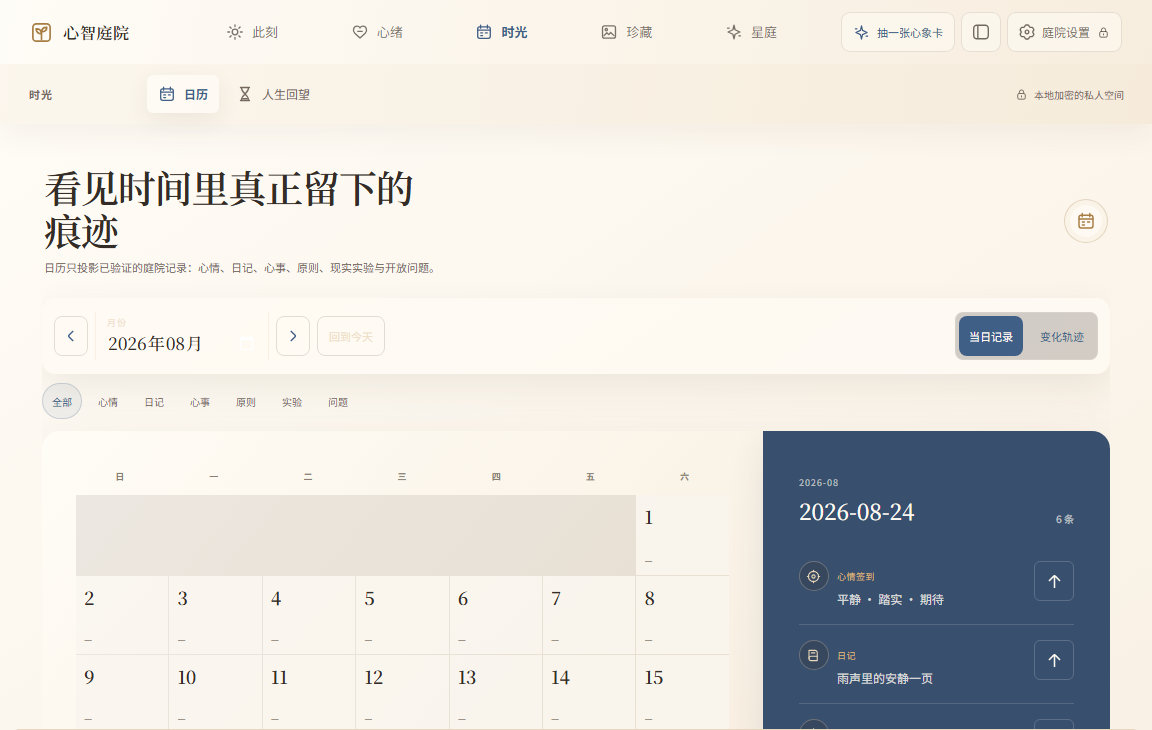 Mind Garden Calendar projecting verified records for August 2026