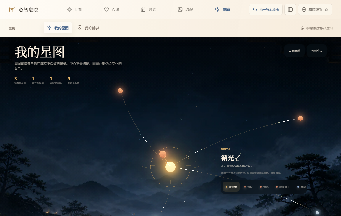 Mind Garden Constellation rendering user-authored stars, questions, and reviews in WebGL