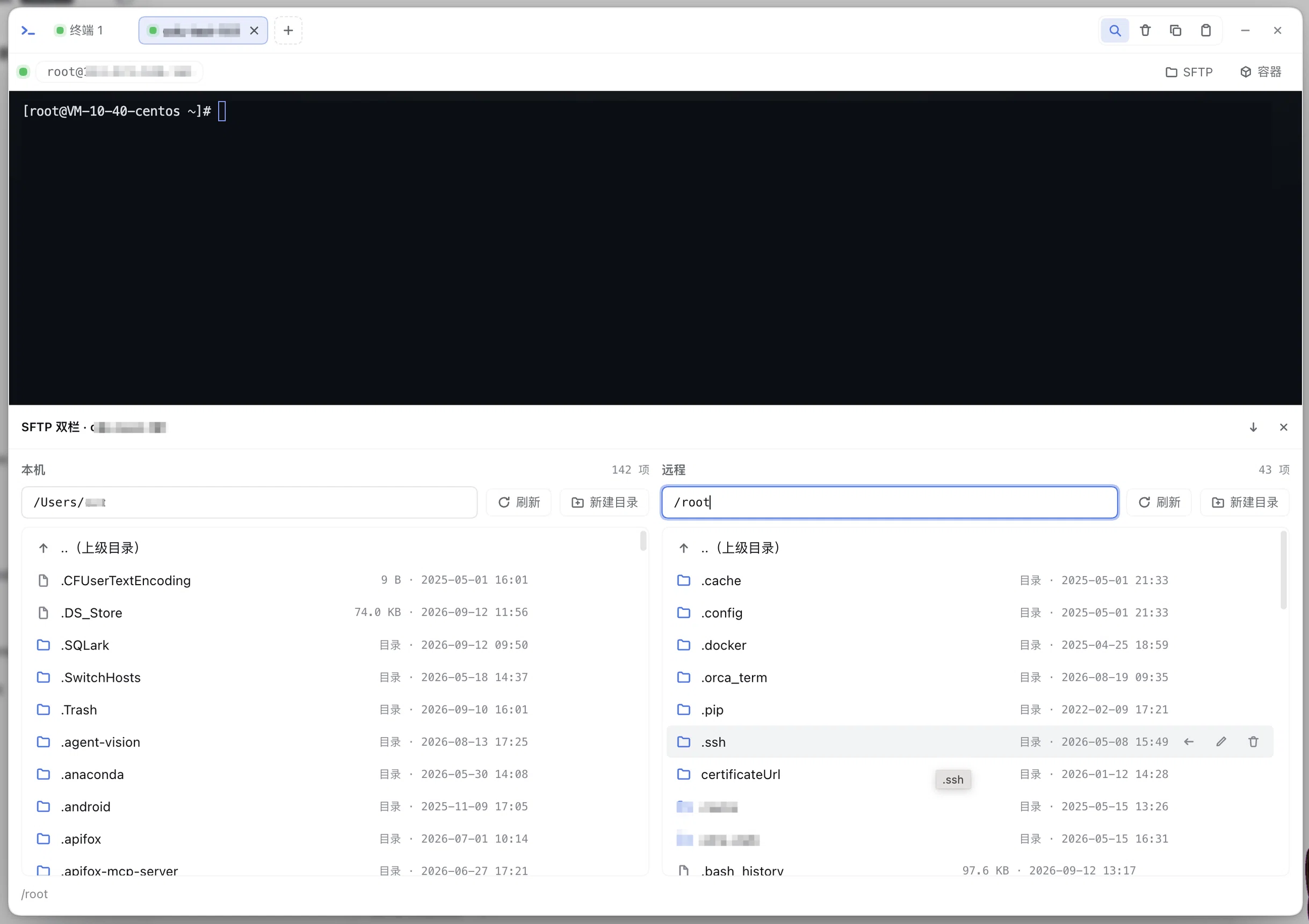 SFTP 双栏：左本机 / 右远程，行内直传