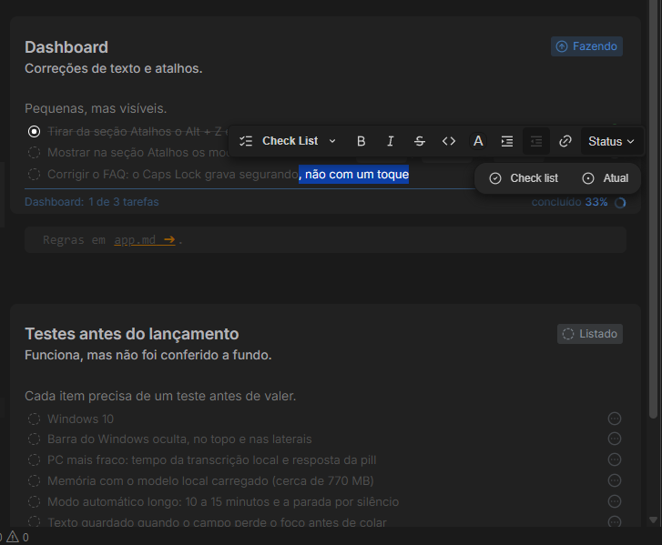 Formatting toolbar with Check List and Status