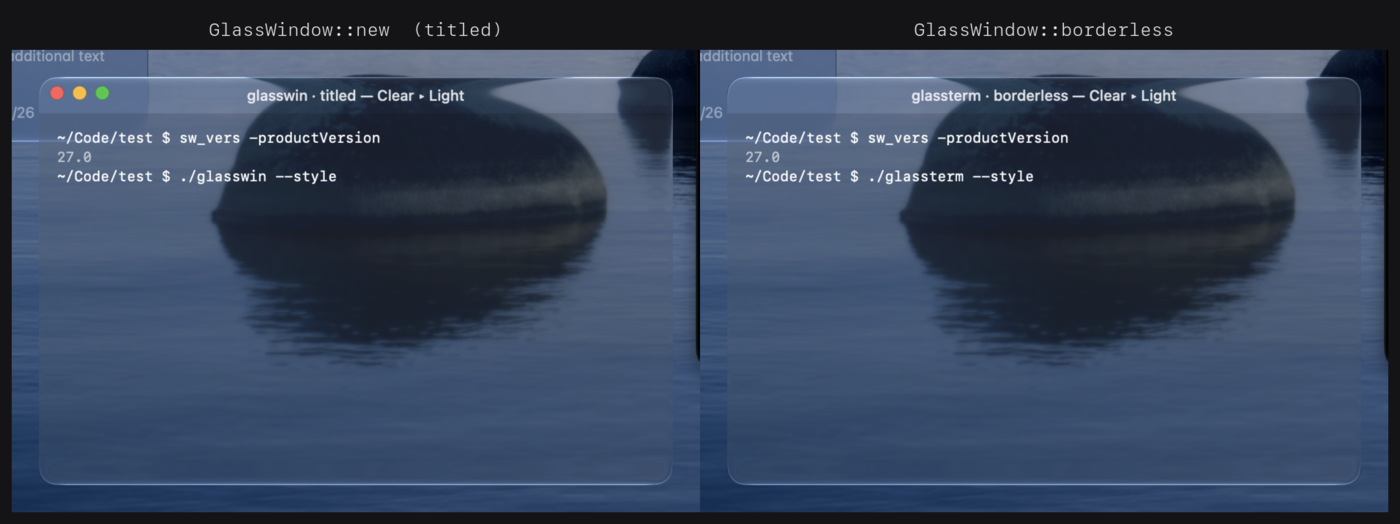 Two windows over a desktop: a titled one with traffic lights, and a borderless one with none