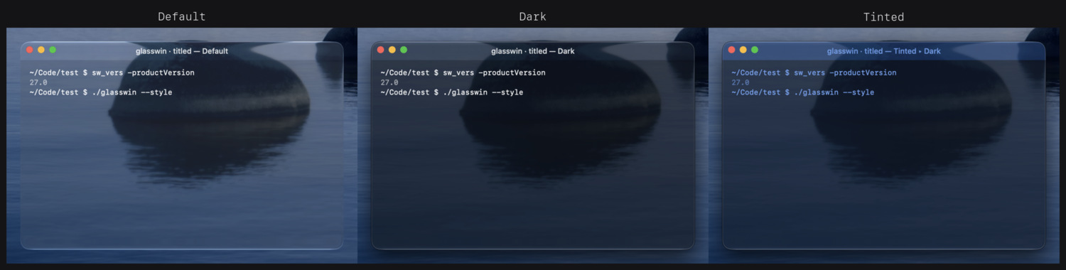 The same window rendered under the Default, Dark and Tinted icon styles
