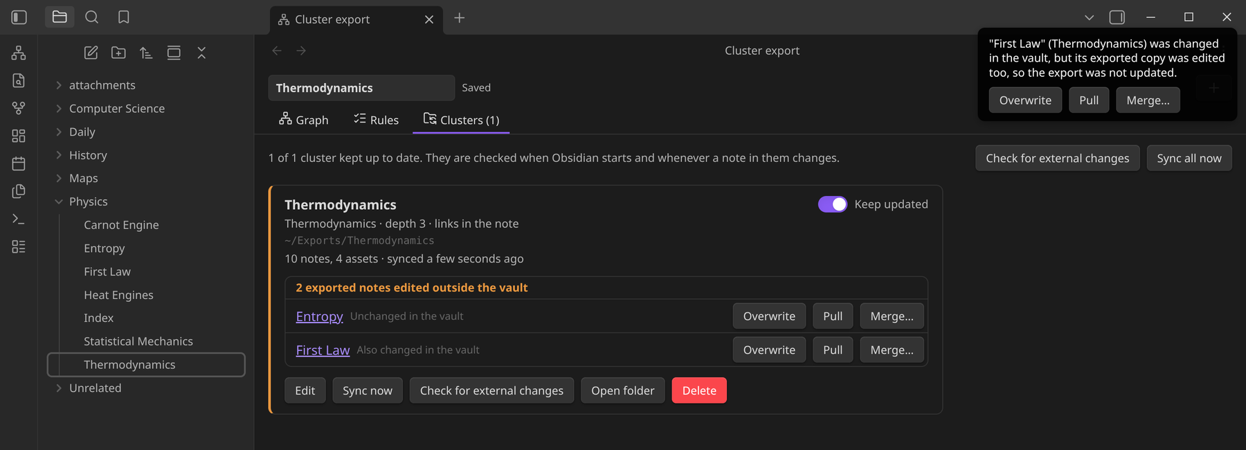 The Clusters tab listing two exported notes edited outside the vault, each with Overwrite, Pull and Merge buttons, next to a notice about a conflict.
