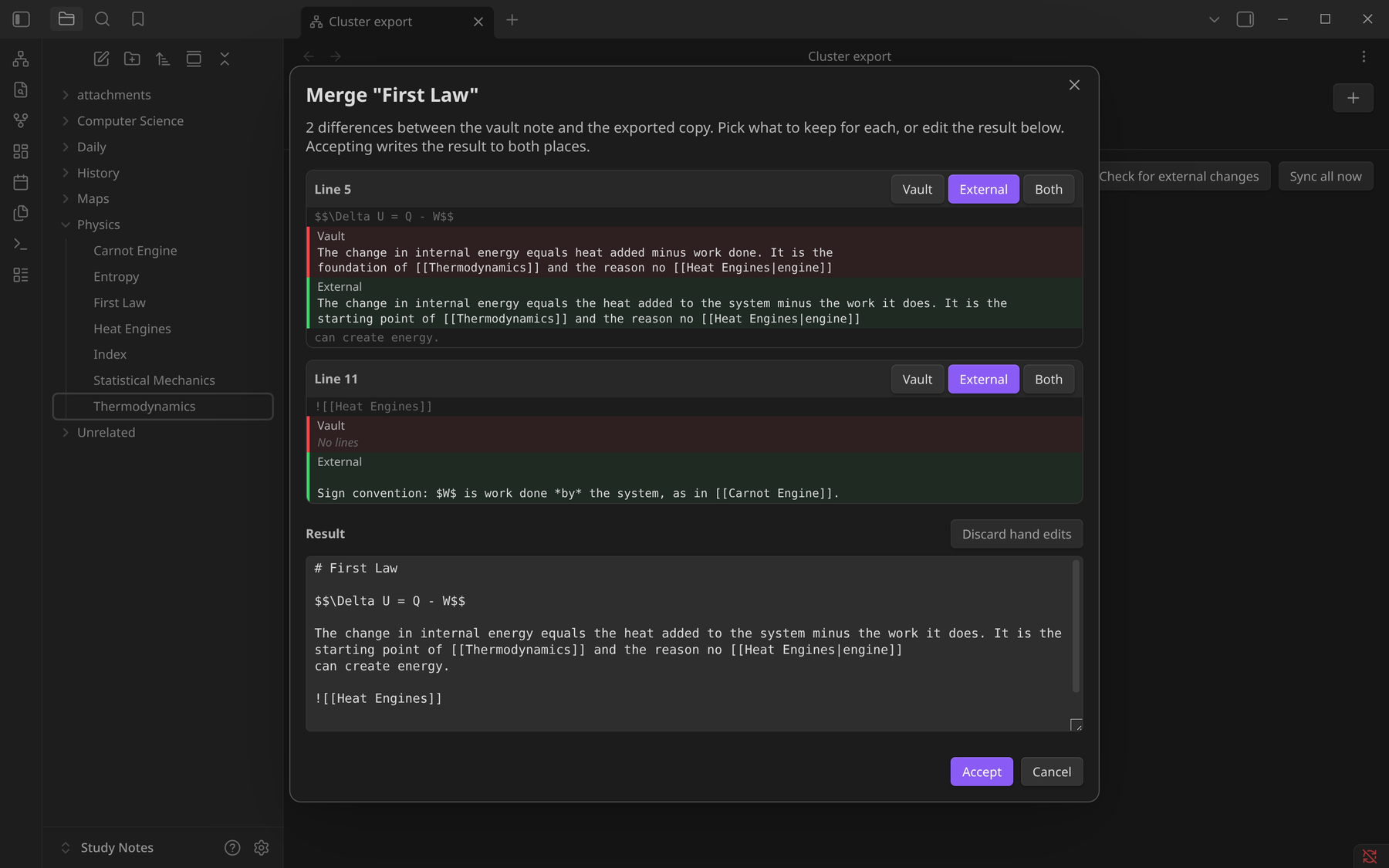 The merge window: each difference shows the vault and external lines with Vault, External and Both buttons, above an editable result.