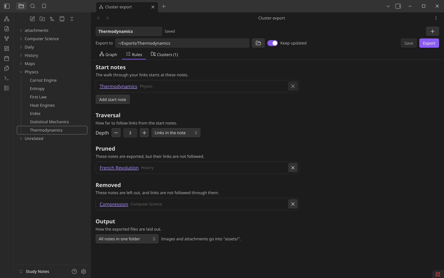 The Rules tab, listing the start note, a pruned note, a removed note and the output layout.