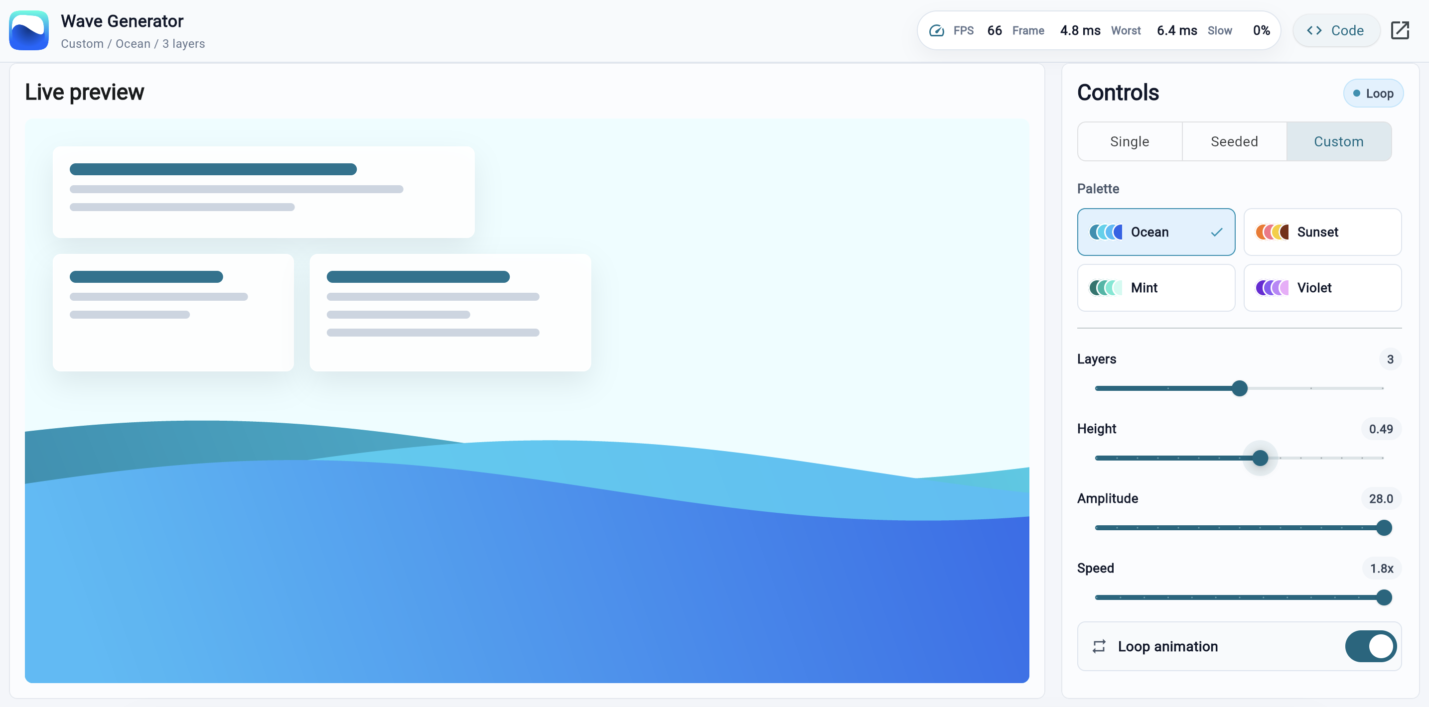 Wave Generator web demo with live preview, controls, performance metrics, and generated code dialog entry