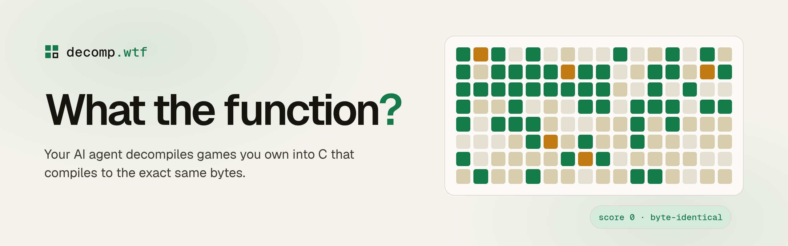 decomp.wtf: What the function? Your AI agent decompiles games you own into C that compiles to the exact same bytes.