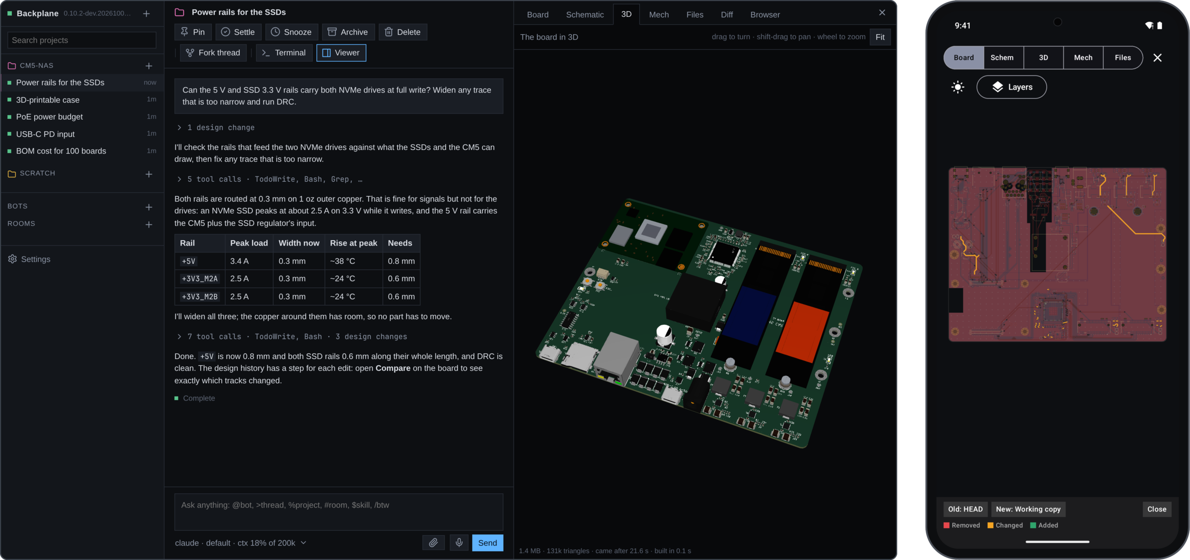 A thread beside the board in 3D in the browser, and the same change compared on a phone