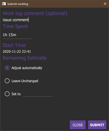 Submit Work Log Window Dark