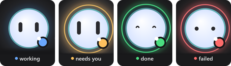 The big bot in each state: working with open eyes, needs you with wide eyes and an amber ring, done with the ^^ squint and a green ring, failed with a tilted frown and a red ring