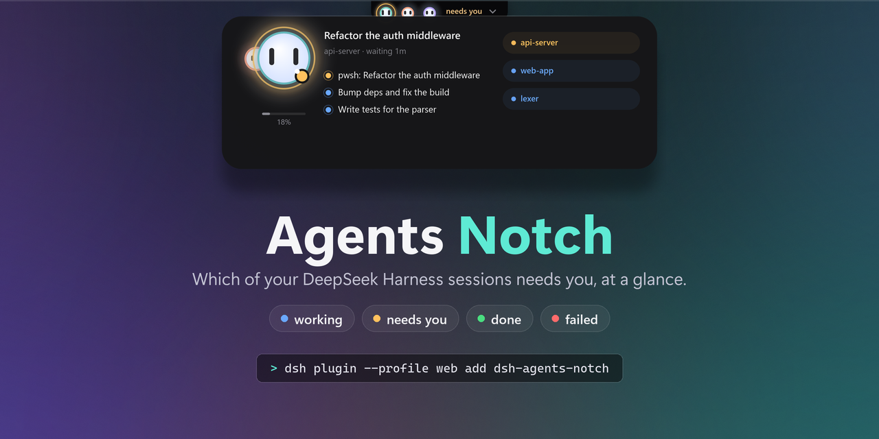 Agents Notch: a dark notch hanging from the top of the screen, unfolded into a board that shows one bot per DeepSeek Harness session — one of them wearing an amber ring because it needs you