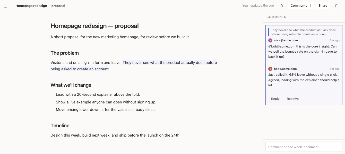 Open Artifact — a shared document with a line comment and a tagged reply