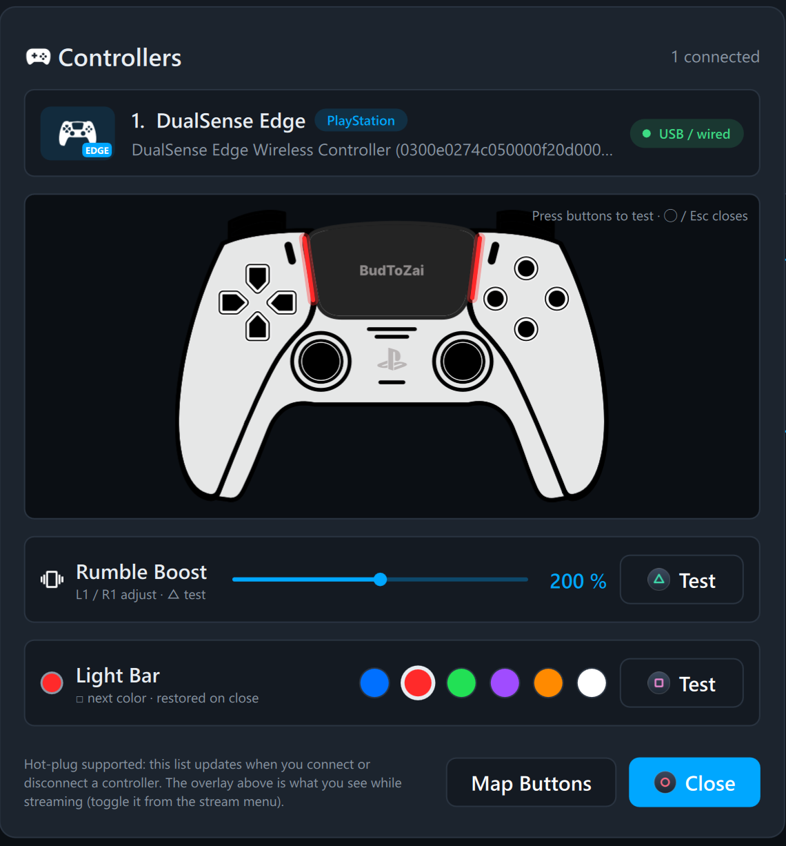 Controllers panel with Rumble Boost and Light Bar