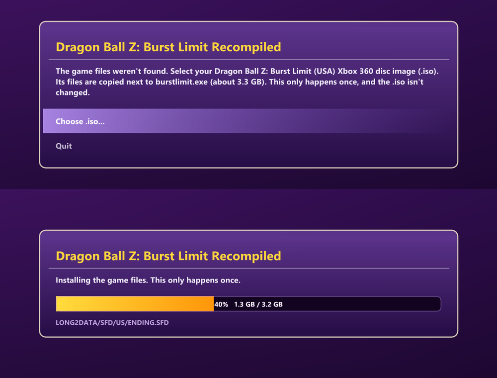 First start: pick your .iso, the game files are installed