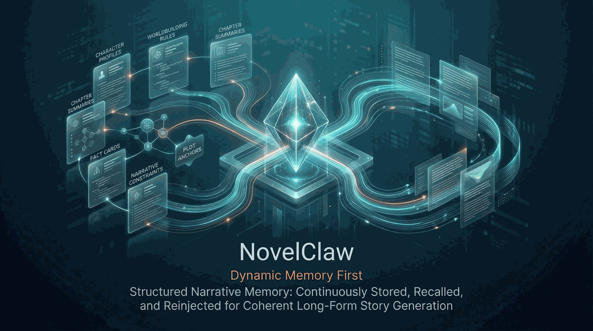 NovelClaw workflow across chapters, memory, and inspectable outputs