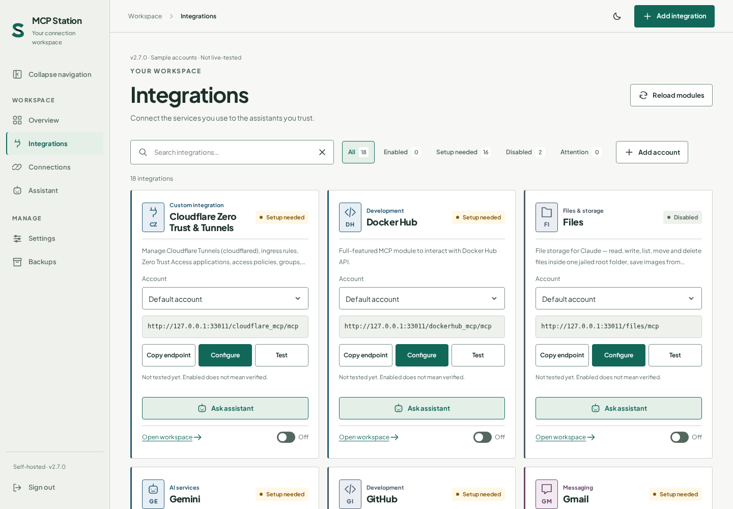 MCP Station 2.7.0 Integrations — 18 bundled modules, blank example accounts
