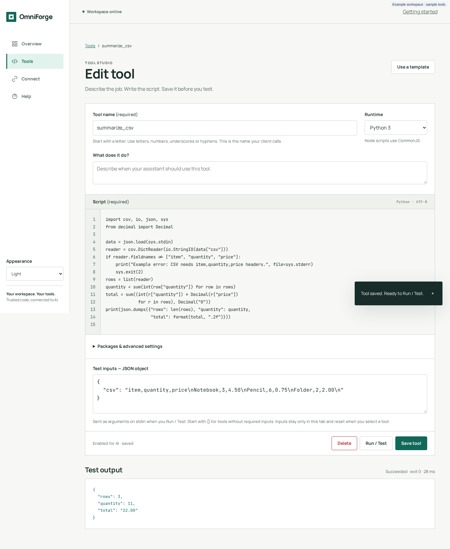 OmniForge Tool studio: script editor, JSON test inputs and execution results