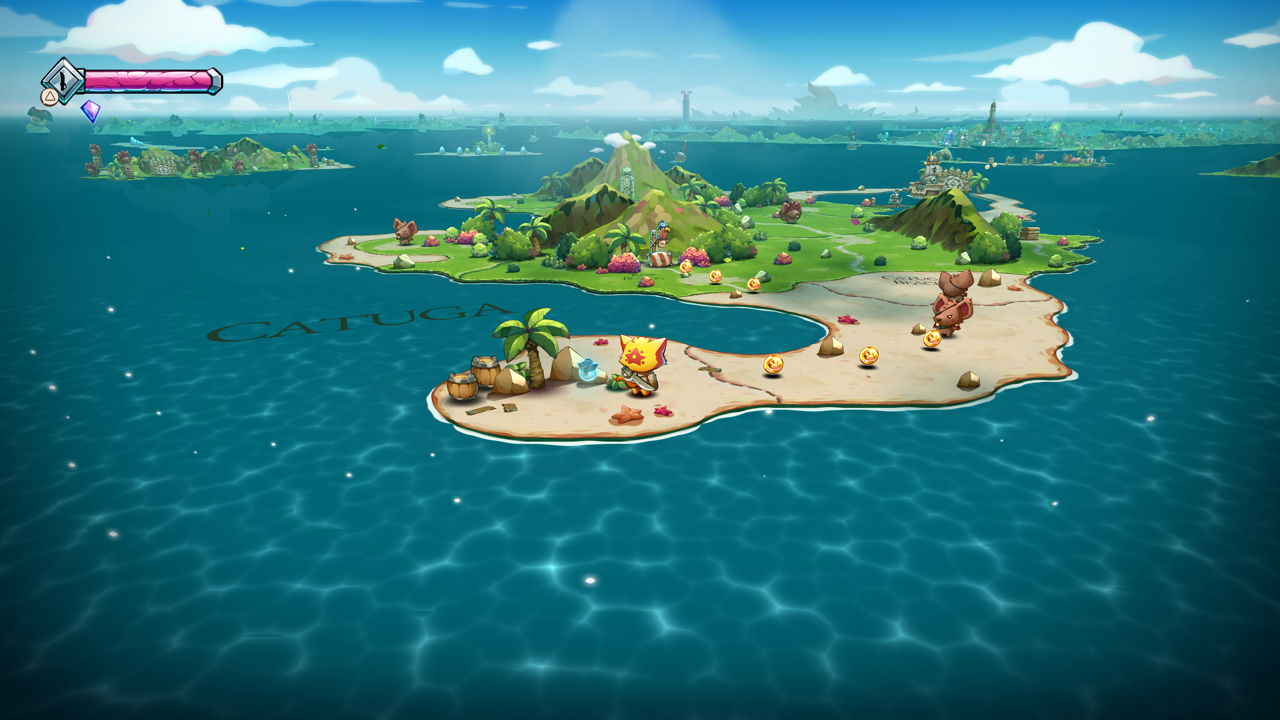 Cat Quest III island gameplay with blue sea, mountains, characters and HUD rendered by PS5PCEM
