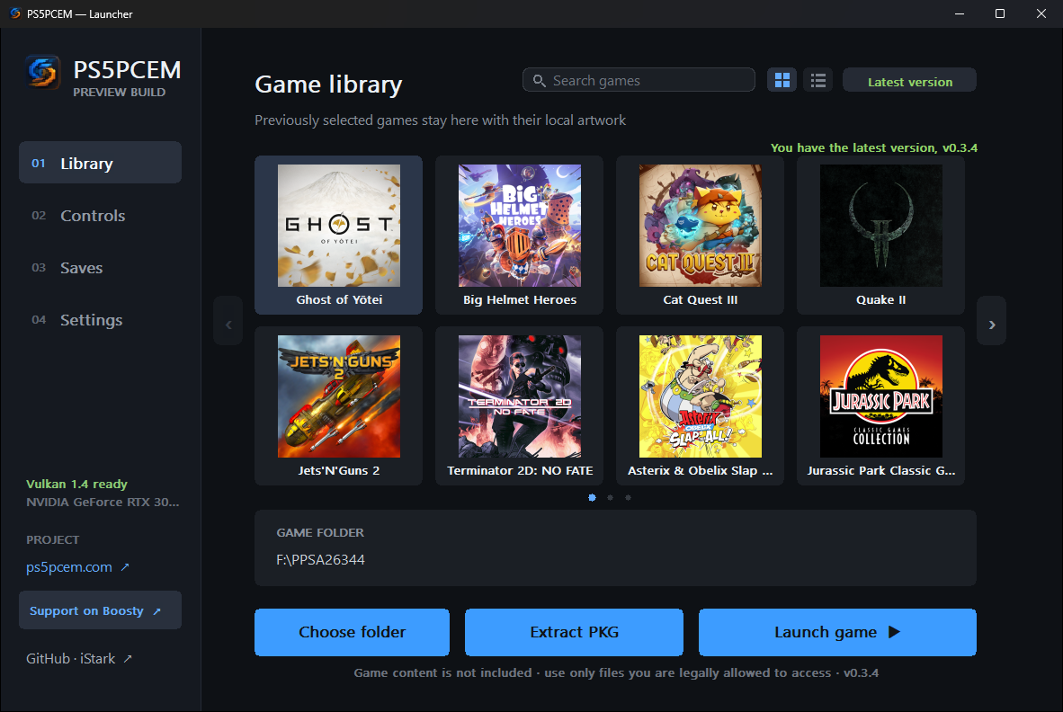 PS5PCEM launcher showing its recent-game library