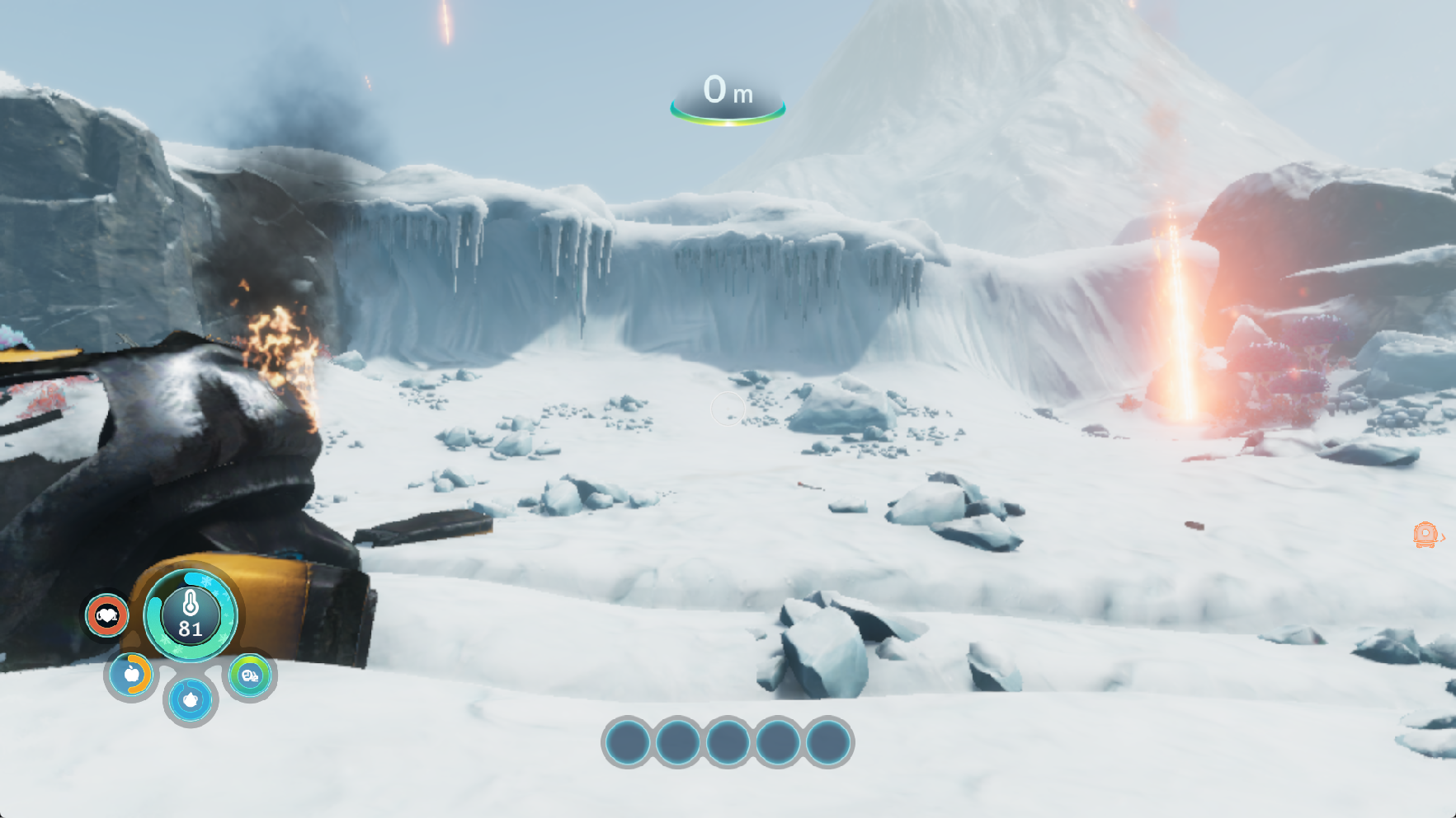 Subnautica Below Zero snowy opening area and survival HUD after the sRGB lighting fix