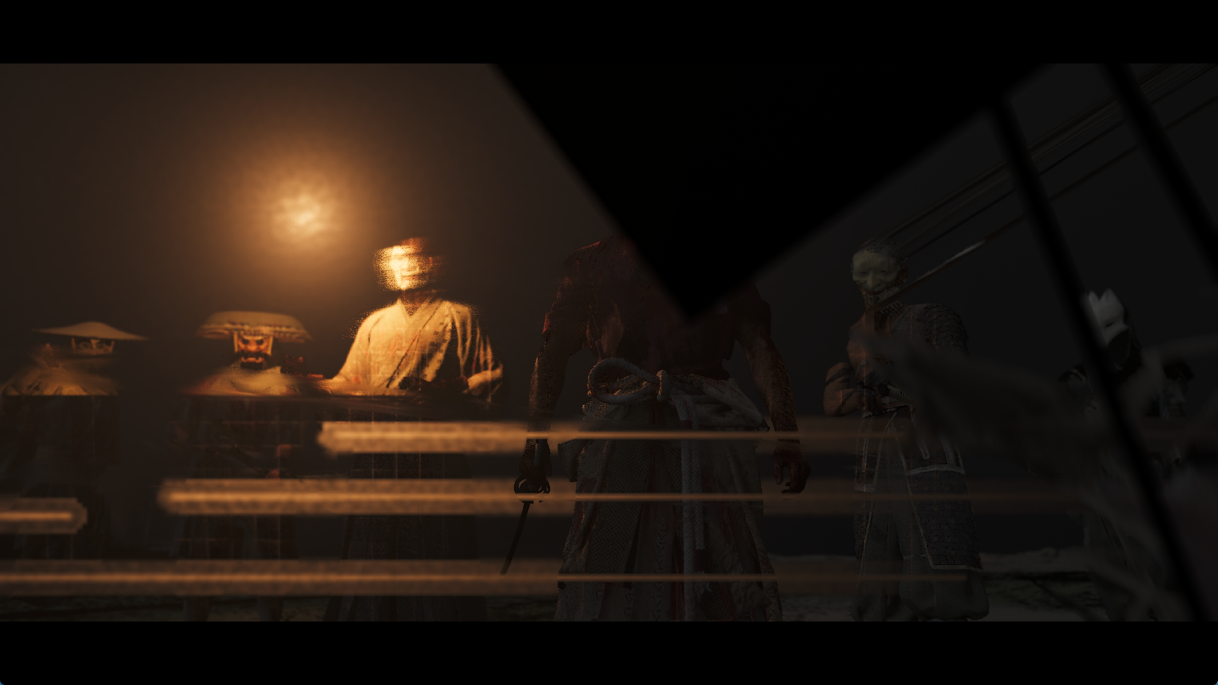 Ghost of Yotei scene with masked characters captured from PS5PCEM