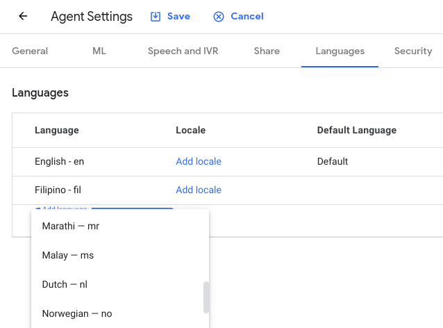 Dialogflow CX Language Settings