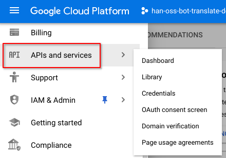 GCP Console: API and services