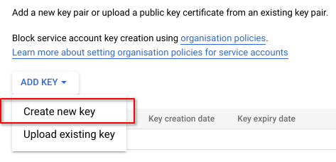 GCP Console: Create New Key